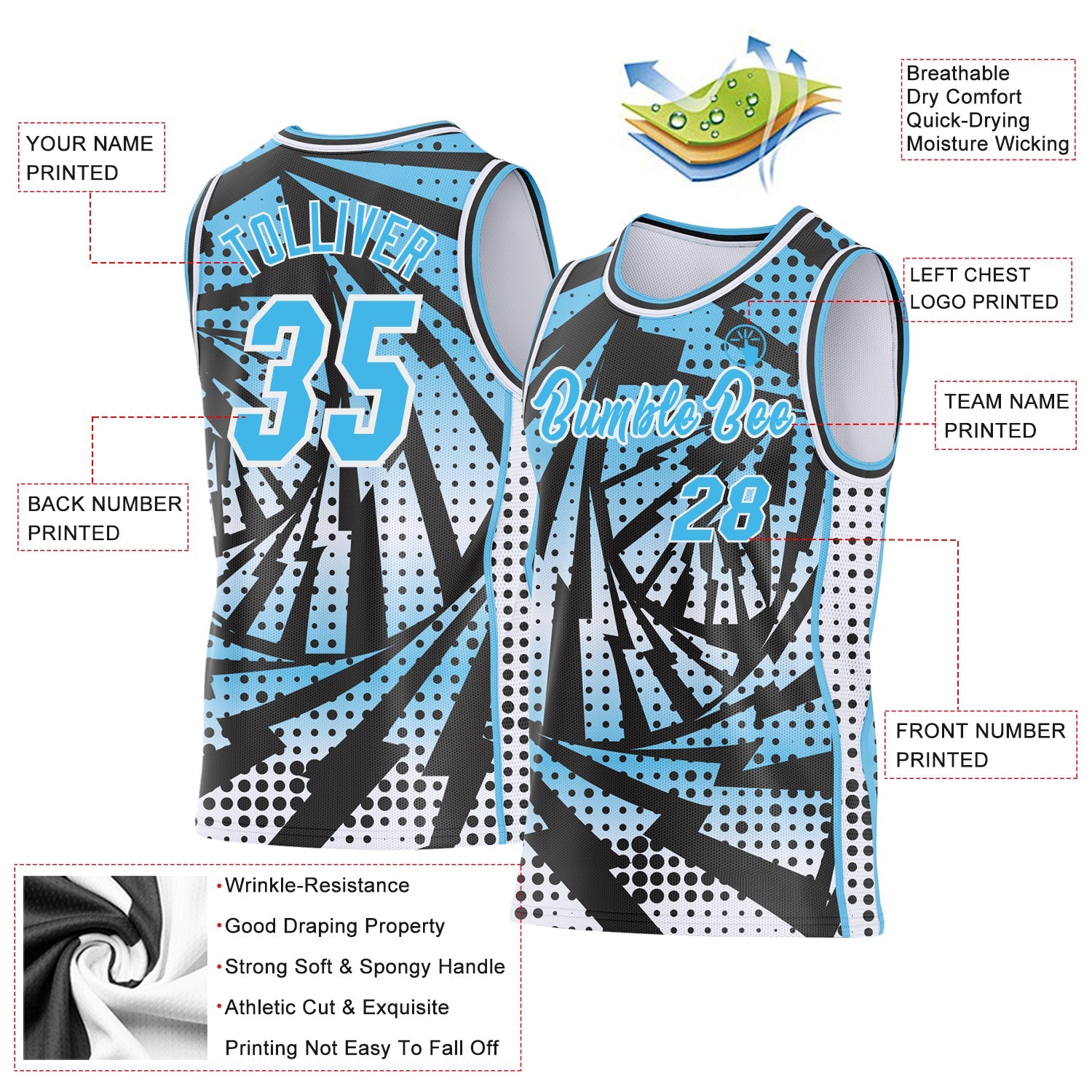 Custom Sky Blue Black-White Lightning Gradient Dot Side Panel Stripe Round Neck Sublimation Basketball Set Jersey view 3