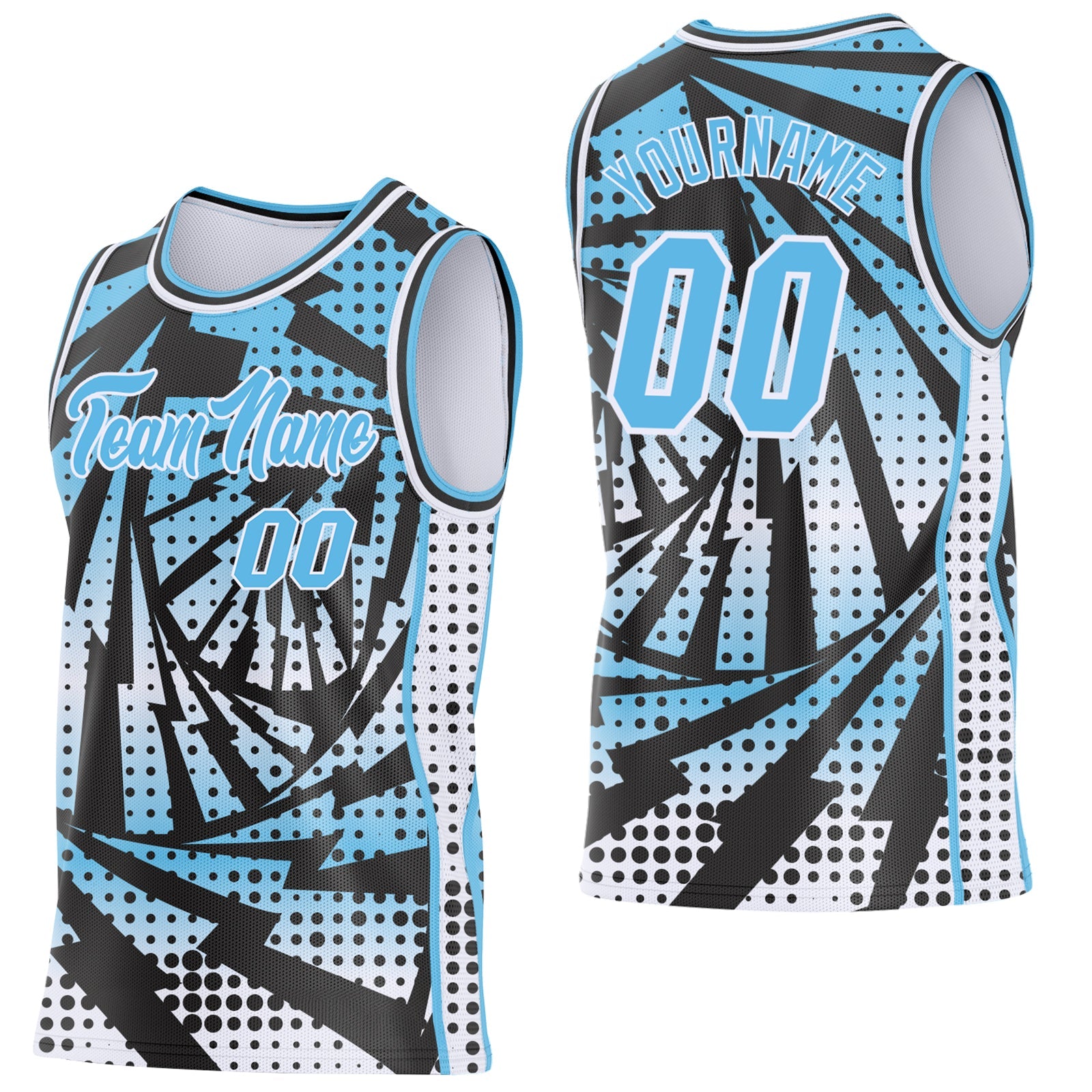 Custom Sky Blue Black-White Lightning Gradient Dot Side Panel Stripe Round Neck Sublimation Basketball Set Jersey - Main View