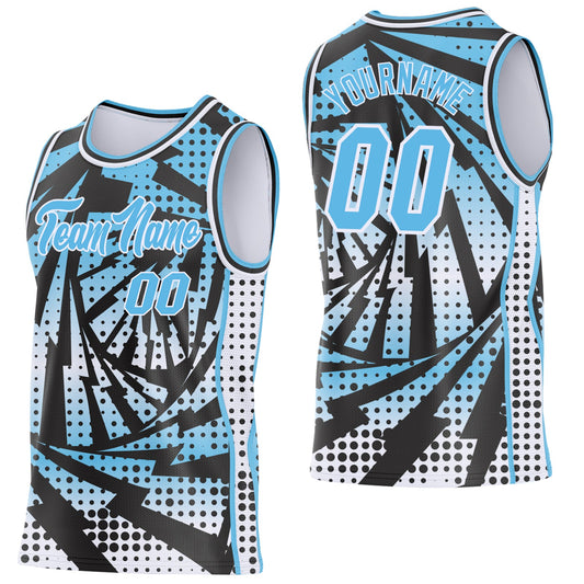 Custom Sky Blue Black-White Lightning Gradient Dot Side Panel Stripe Round Neck Sublimation Basketball Set Jersey - Main View
