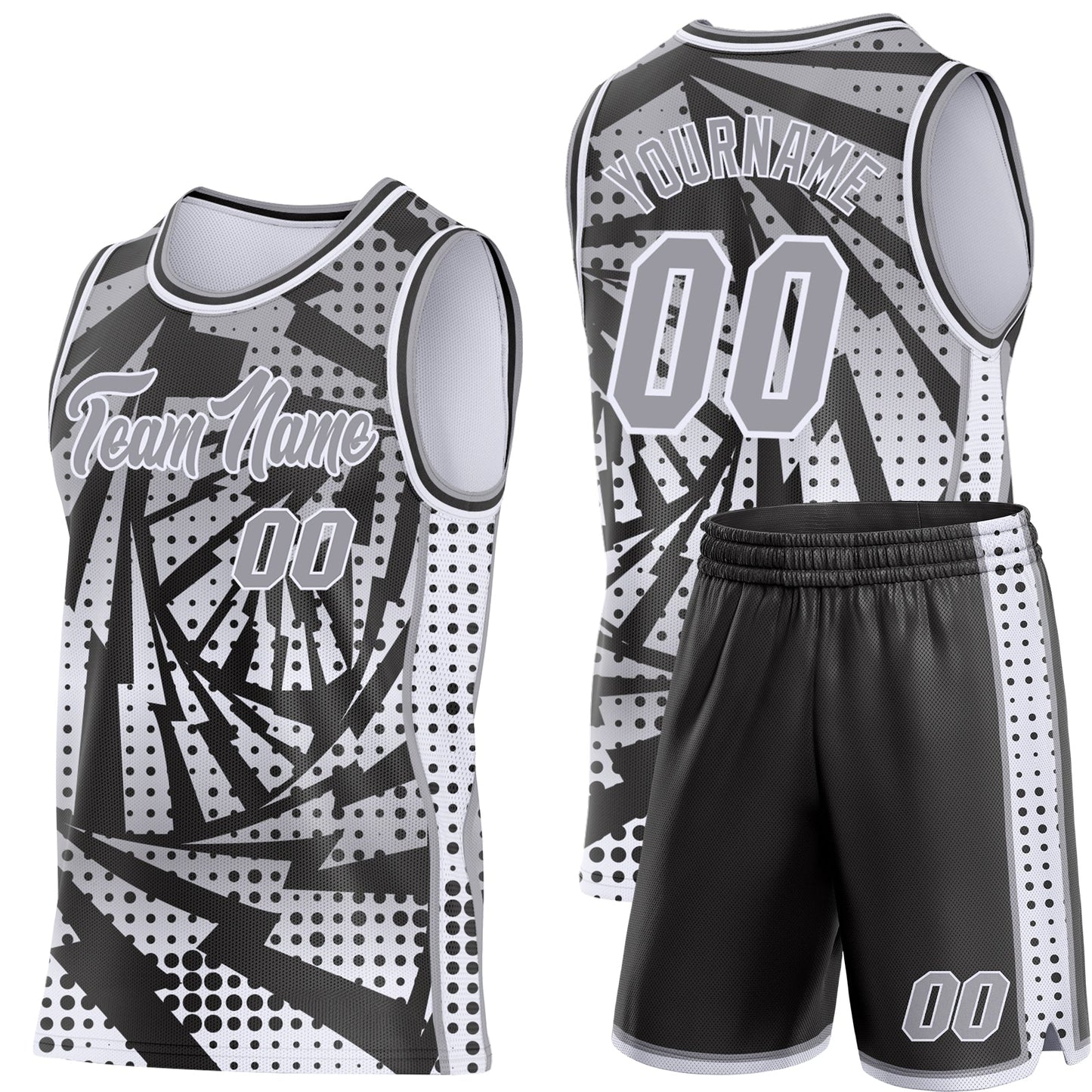 Custom Gray Black-White Lightning Gradient Dot Side Panel Stripe Round Neck Sublimation Basketball Set Jersey view 2