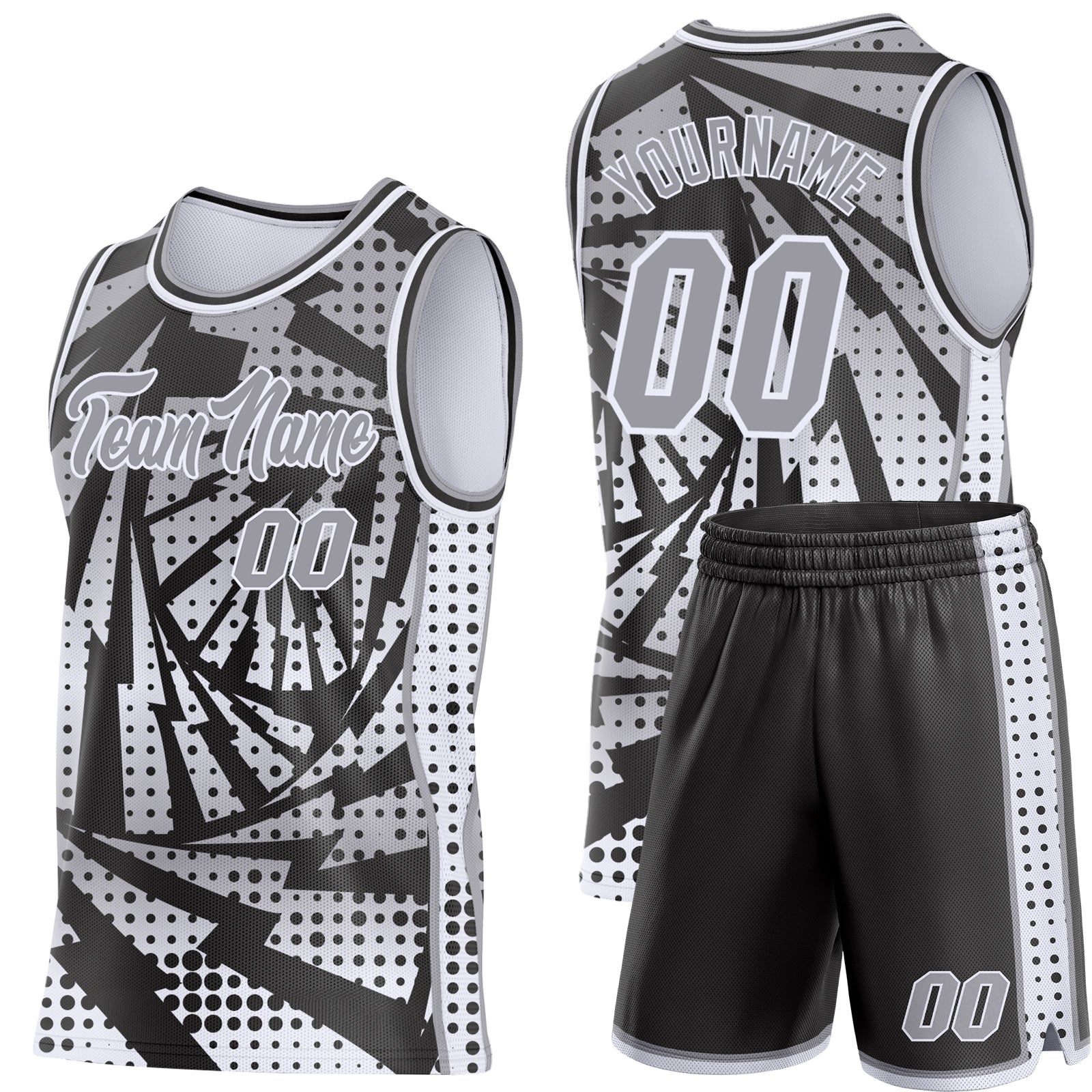 Custom Gray Black-White Lightning Gradient Dot Side Panel Stripe Round Neck Sublimation Basketball Set Jersey view 2
