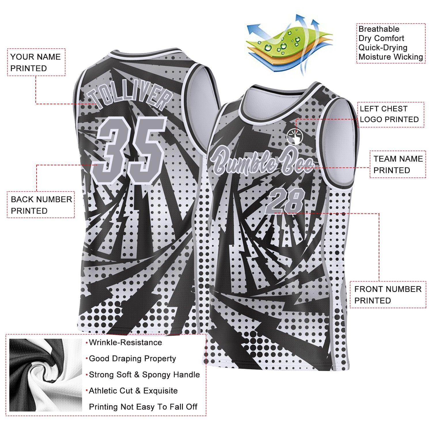 Custom Gray Black-White Lightning Gradient Dot Side Panel Stripe Round Neck Sublimation Basketball Set Jersey view 3