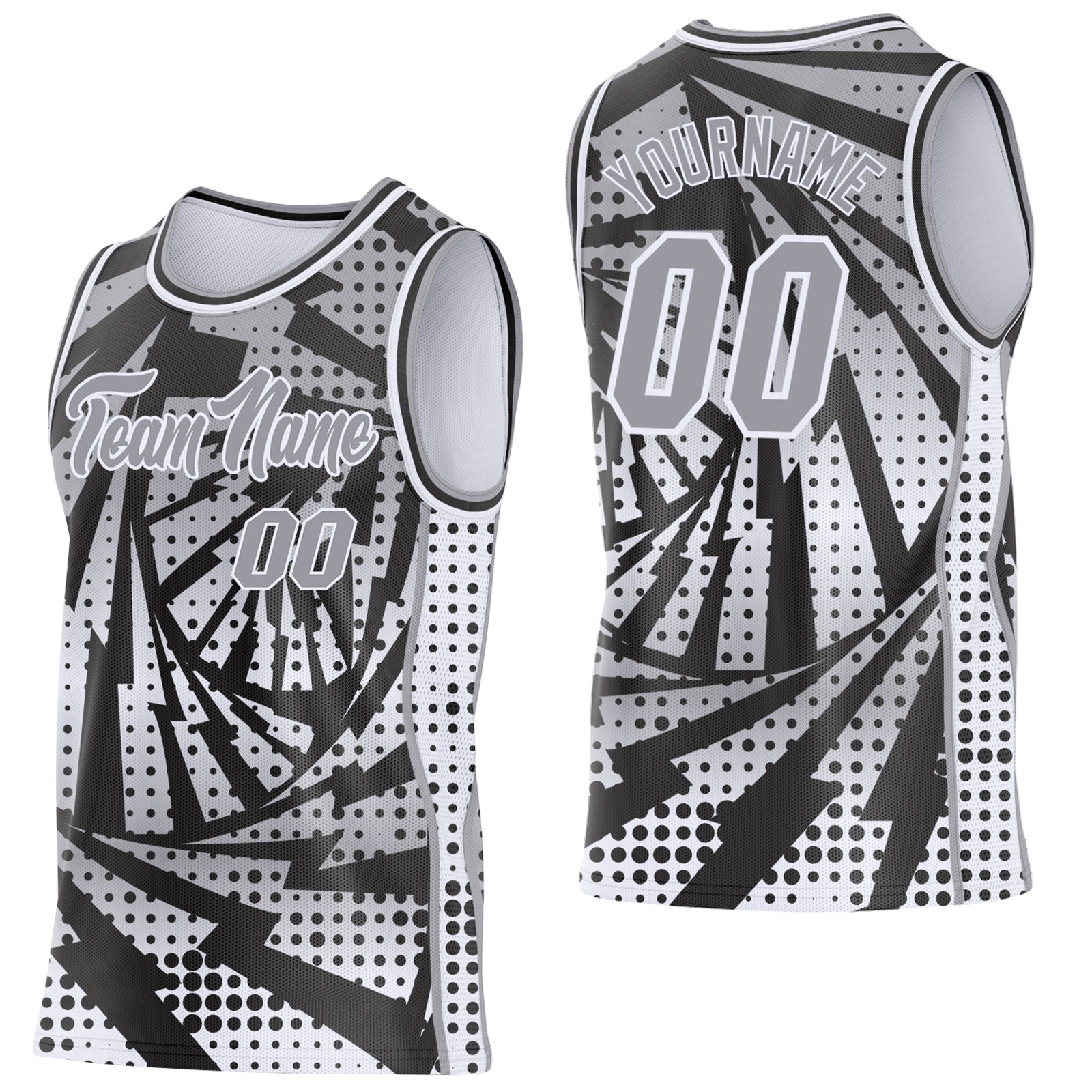 Custom Gray Black-White Lightning Gradient Dot Side Panel Stripe Round Neck Sublimation Basketball Set Jersey - Main View