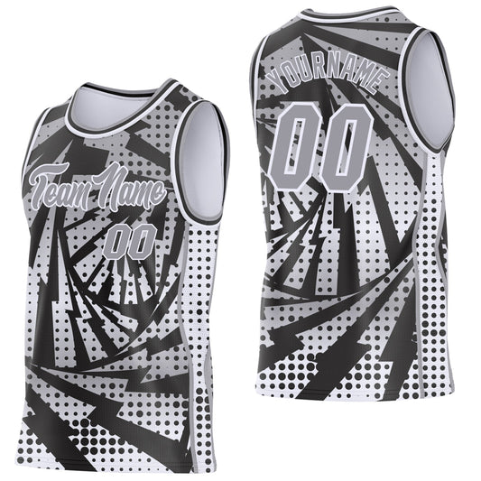 Custom Gray Black-White Lightning Gradient Dot Side Panel Stripe Round Neck Sublimation Basketball Set Jersey - Main View