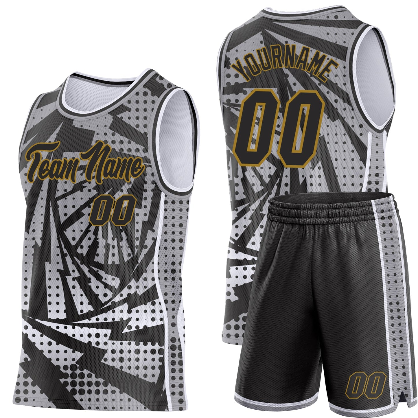 Custom Gray Black White-Old Gold Lightning Gradient Dot Side Panel Stripe Round Neck Sublimation Basketball Set Jersey view 2