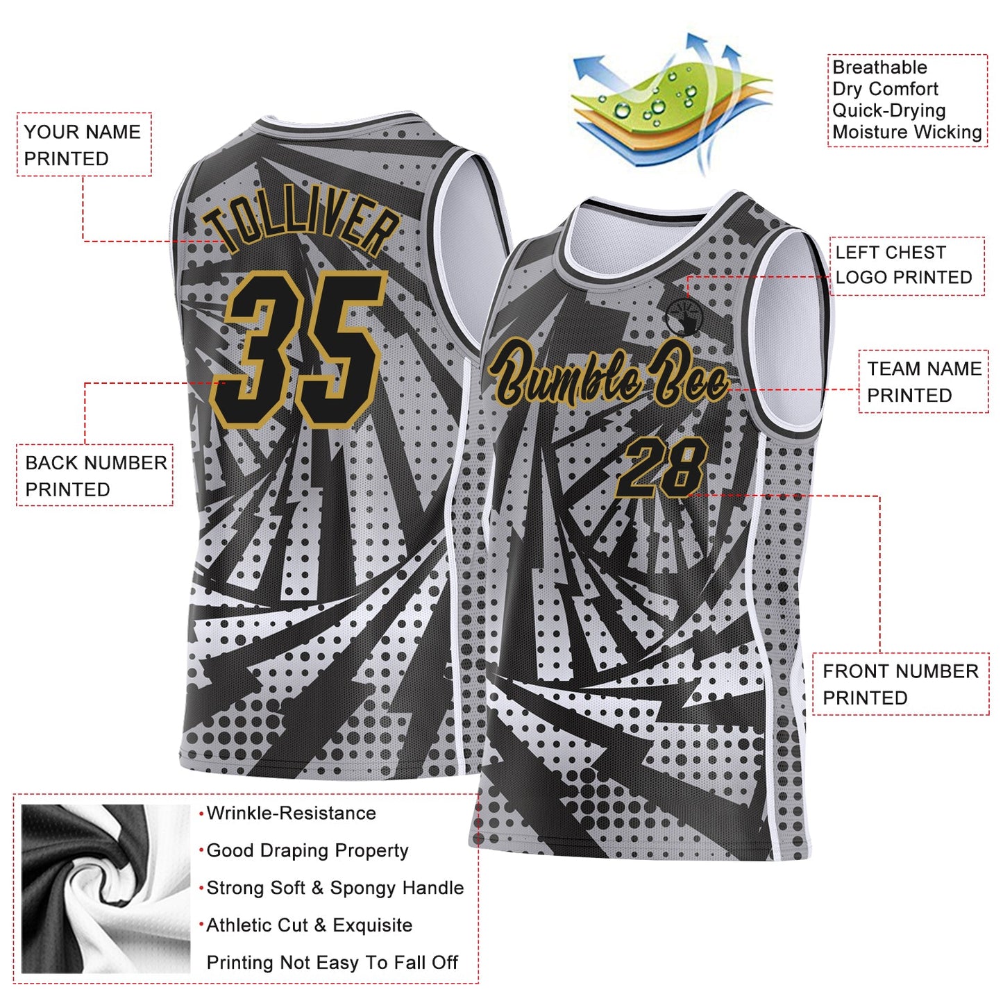 Custom Gray Black White-Old Gold Lightning Gradient Dot Side Panel Stripe Round Neck Sublimation Basketball Set Jersey view 3