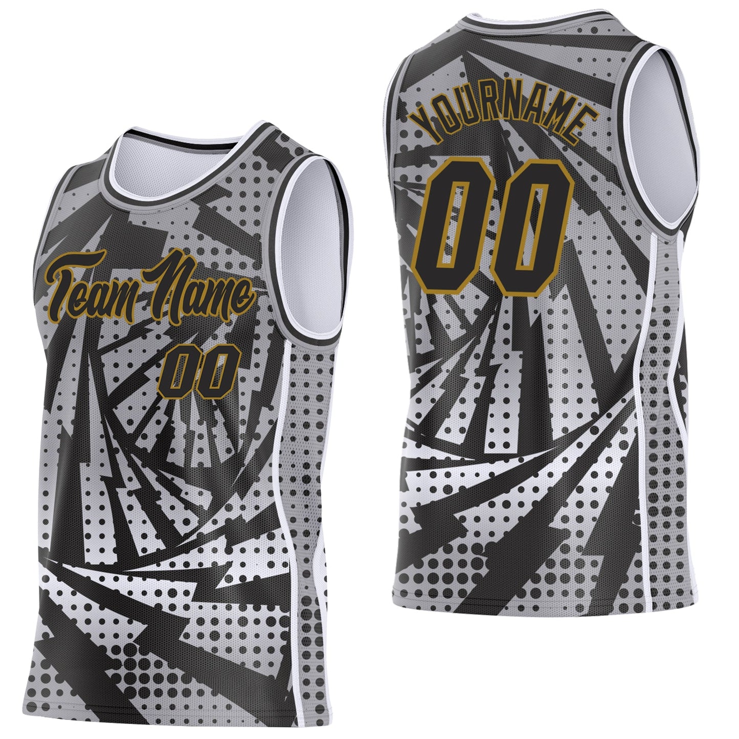 Custom Gray Black White-Old Gold Lightning Gradient Dot Side Panel Stripe Round Neck Sublimation Basketball Set Jersey - Main View