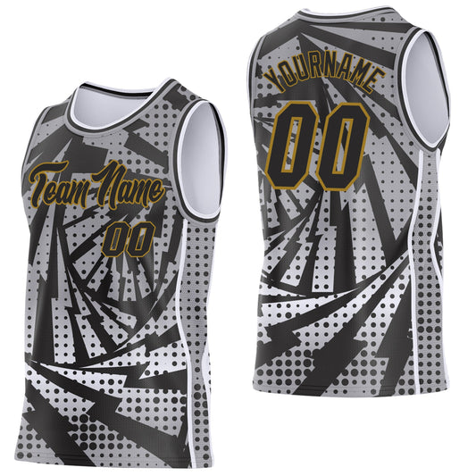 Custom Gray Black White-Old Gold Lightning Gradient Dot Side Panel Stripe Round Neck Sublimation Basketball Set Jersey - Main View