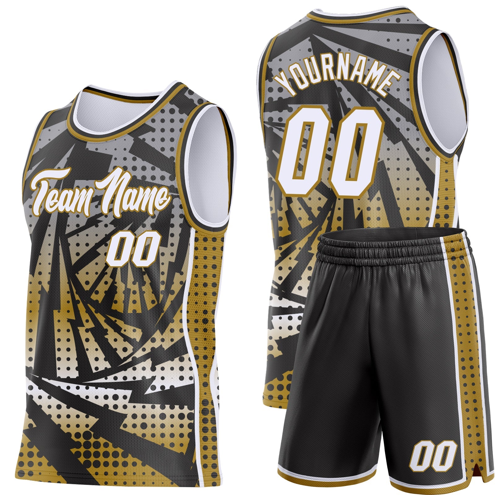 Custom Old Gold White-Black Lightning Gradient Dot Side Panel Stripe Round Neck Sublimation Basketball Set Jersey view 2