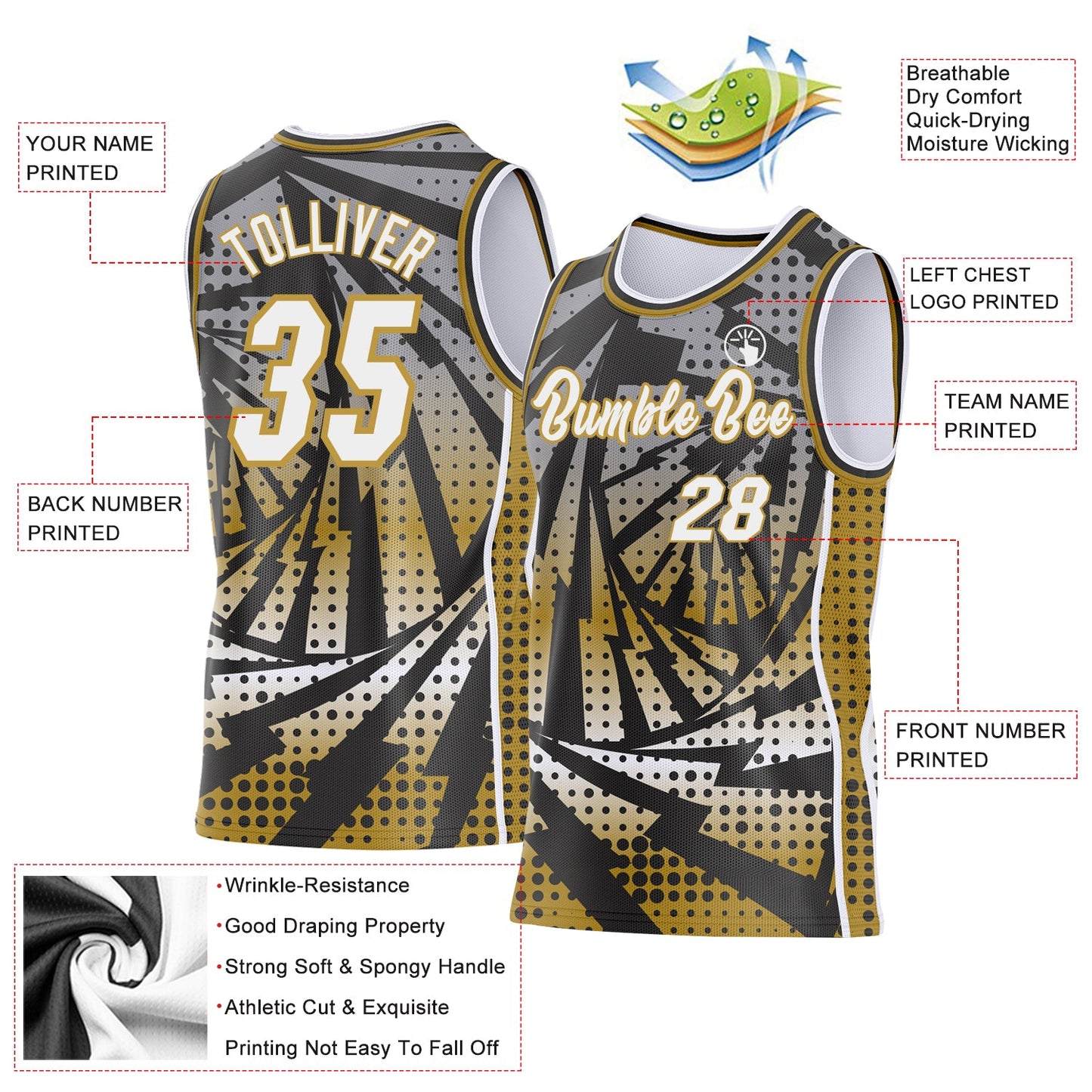 Custom Old Gold White-Black Lightning Gradient Dot Side Panel Stripe Round Neck Sublimation Basketball Set Jersey view 3