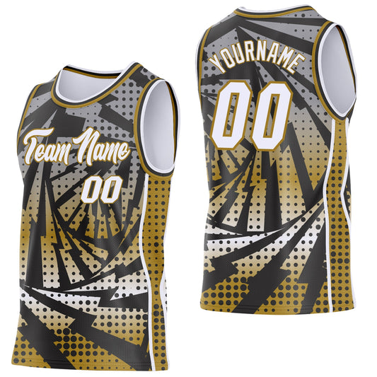 Custom Old Gold White-Black Lightning Gradient Dot Side Panel Stripe Round Neck Sublimation Basketball Set Jersey - Main View