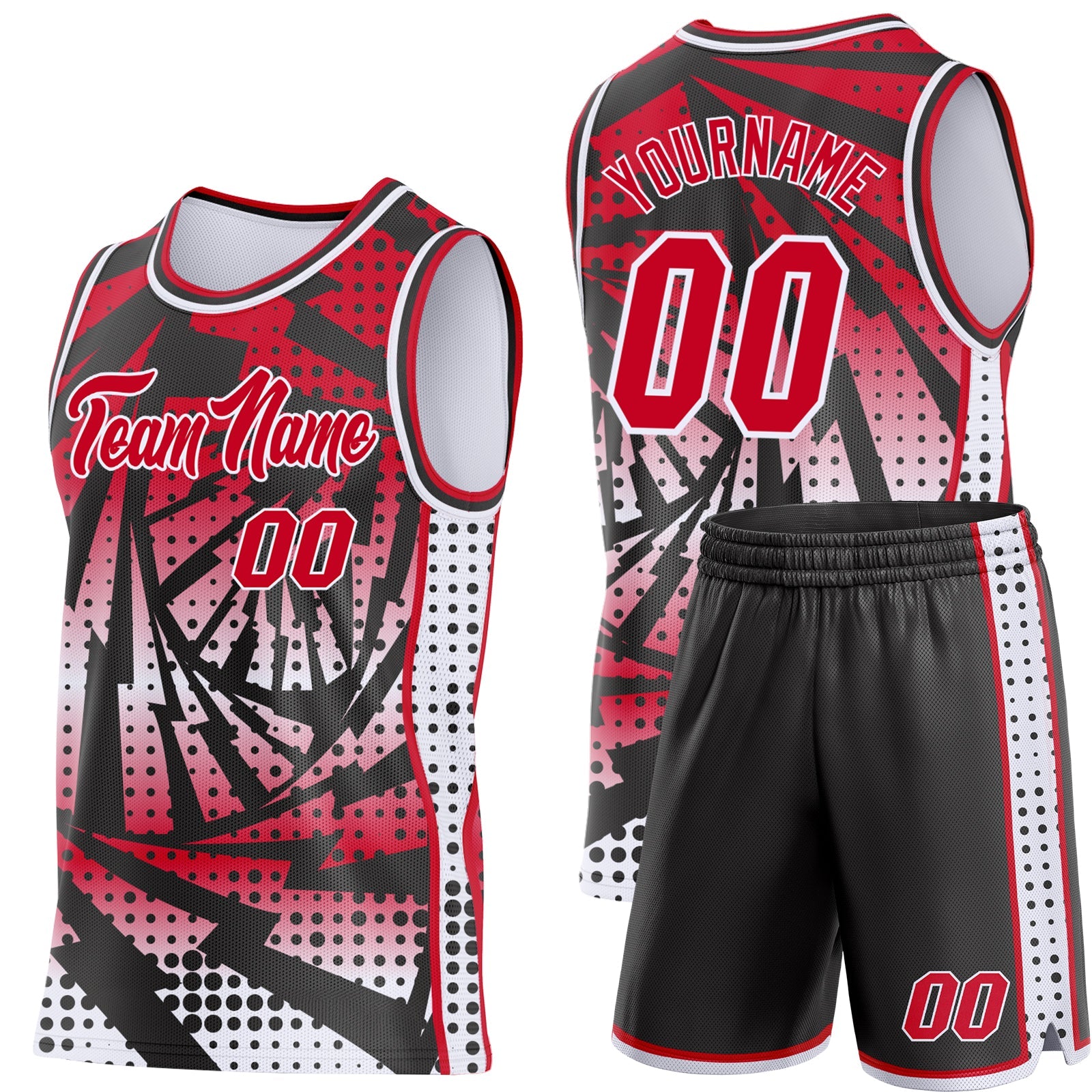 Custom Red Black-White Lightning Gradient Dot Side Panel Stripe Round Neck Sublimation Basketball Set Jersey view 2
