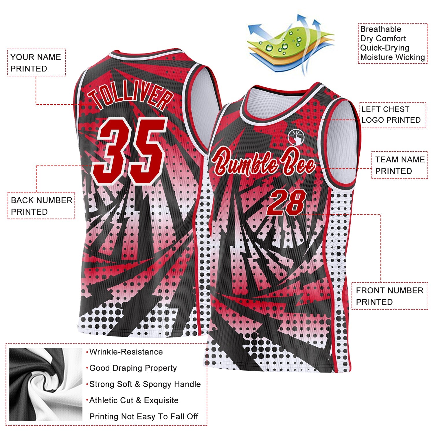 Custom Red Black-White Lightning Gradient Dot Side Panel Stripe Round Neck Sublimation Basketball Set Jersey view 3