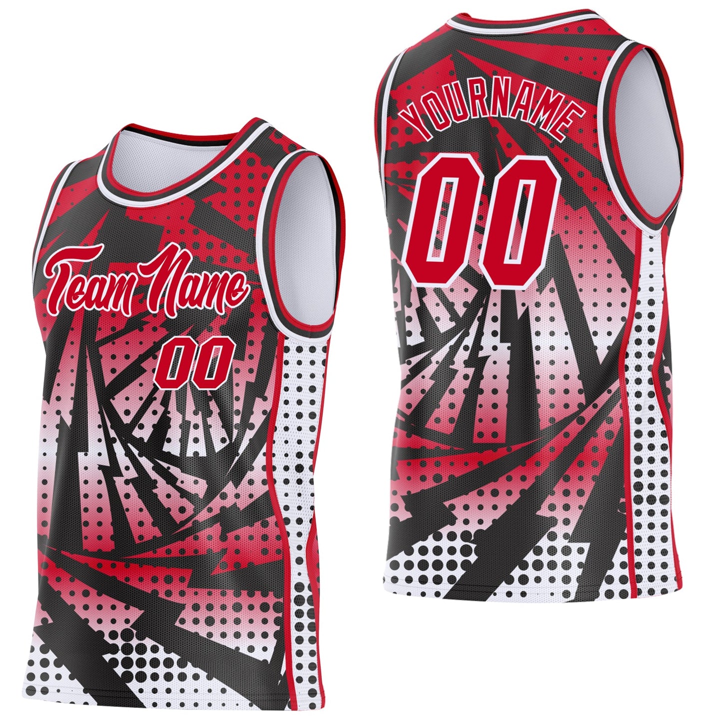 Custom Red Black-White Lightning Gradient Dot Side Panel Stripe Round Neck Sublimation Basketball Set Jersey - Main View