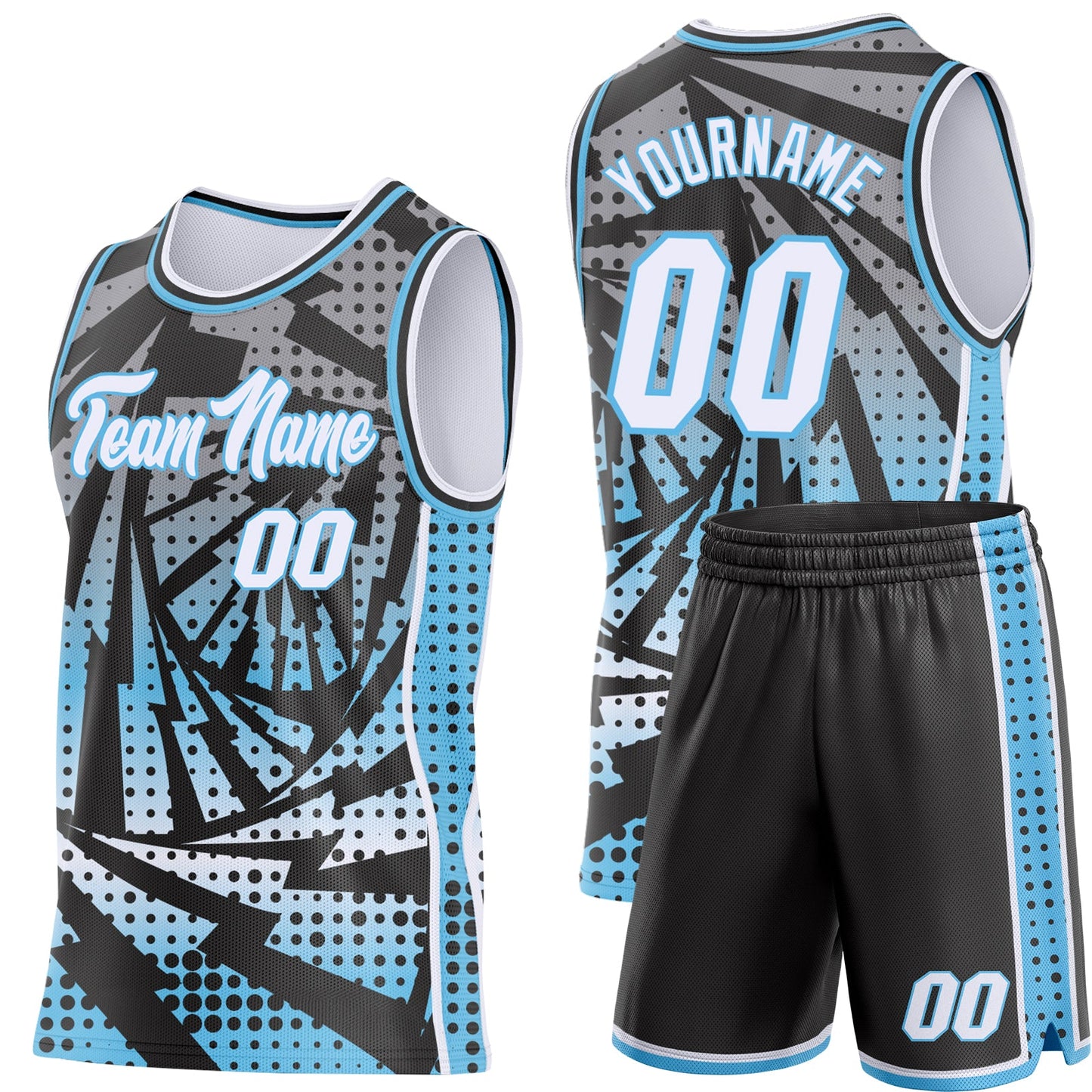 Custom Sky Blue White-Black Lightning Gradient Dot Side Panel Stripe Round Neck Sublimation Basketball Set Jersey view 2