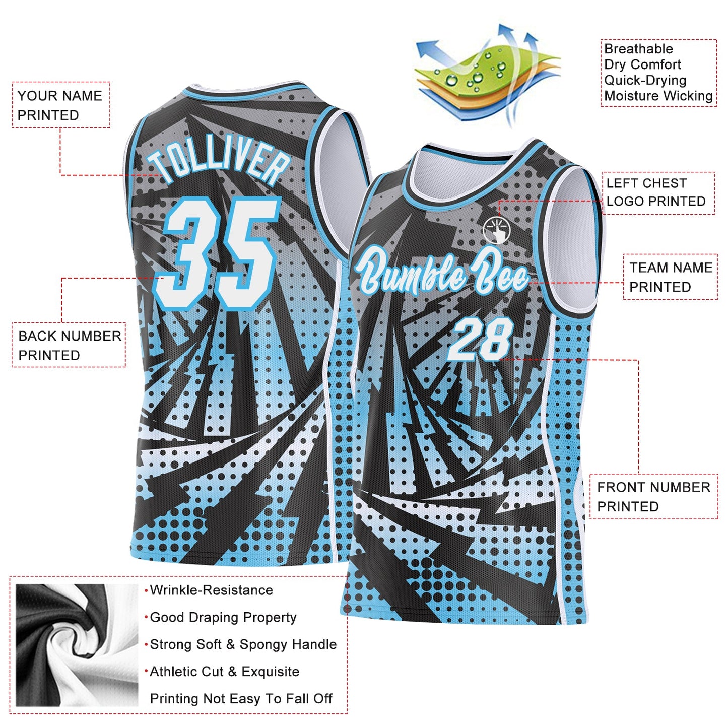 Custom Sky Blue White-Black Lightning Gradient Dot Side Panel Stripe Round Neck Sublimation Basketball Set Jersey view 3