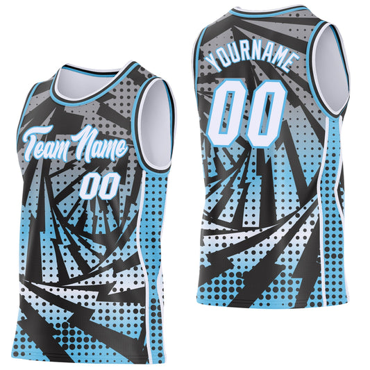 Custom Sky Blue White-Black Lightning Gradient Dot Side Panel Stripe Round Neck Sublimation Basketball Set Jersey - Main View