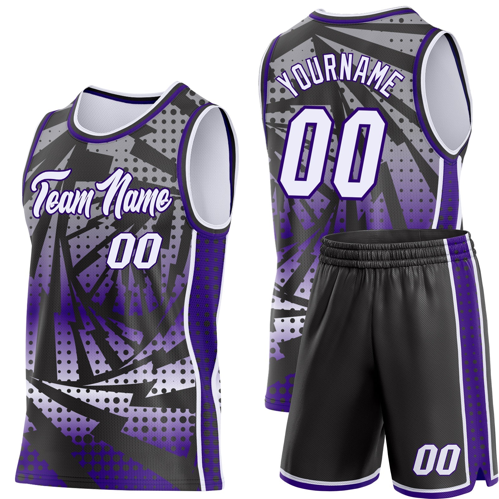 Custom Purple White-Black Lightning Gradient Dot Side Panel Stripe Round Neck Sublimation Basketball Set Jersey view 2