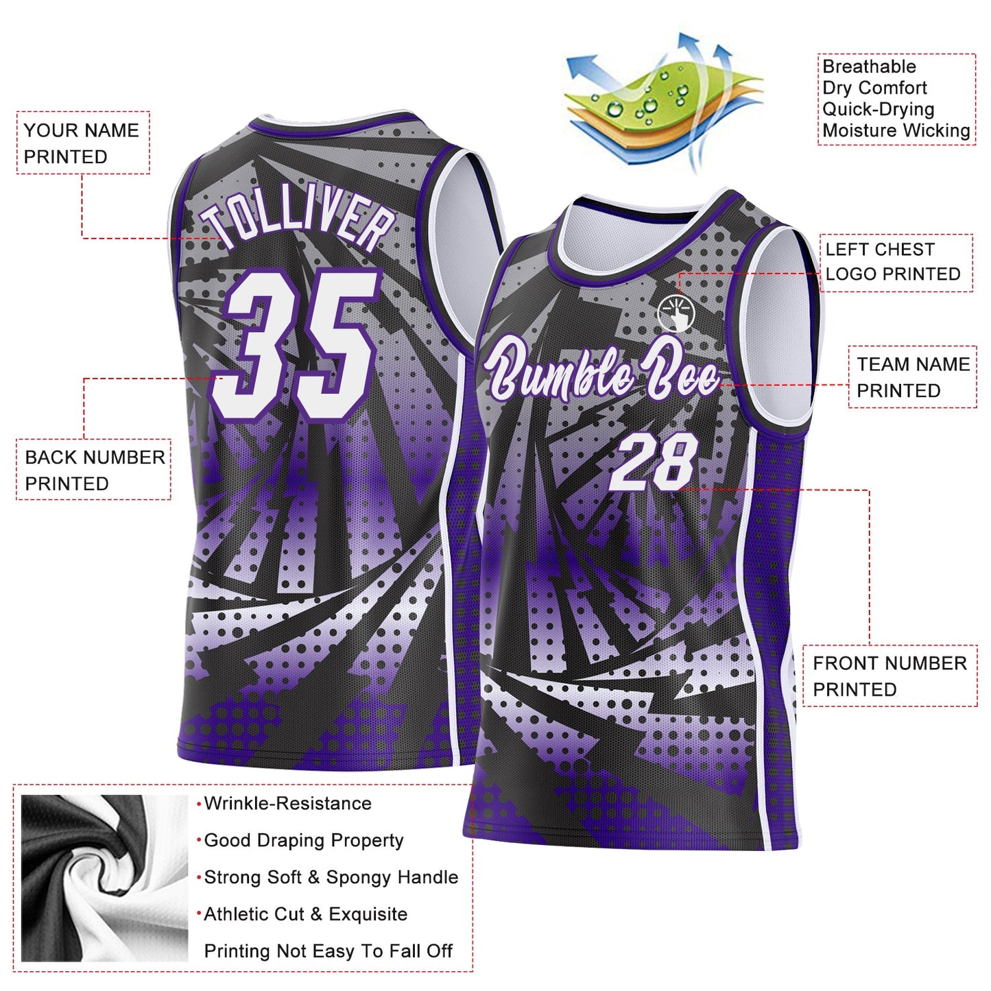 Custom Purple White-Black Lightning Gradient Dot Side Panel Stripe Round Neck Sublimation Basketball Set Jersey view 3