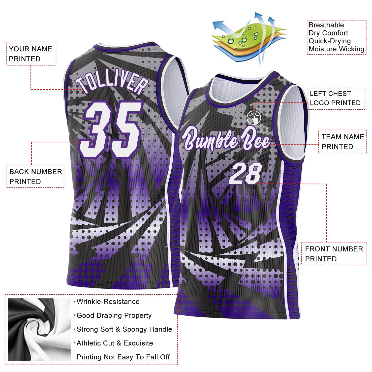 Custom Purple White-Black Lightning Gradient Dot Side Panel Stripe Round Neck Sublimation Basketball Set Jersey view 3