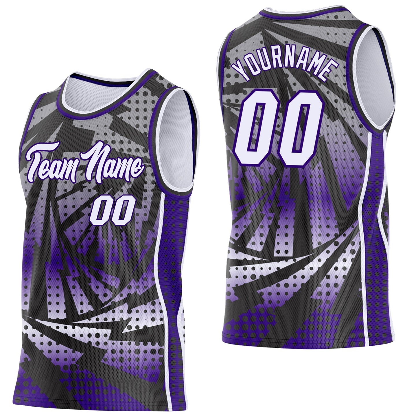 Custom Purple White-Black Lightning Gradient Dot Side Panel Stripe Round Neck Sublimation Basketball Set Jersey - Main View