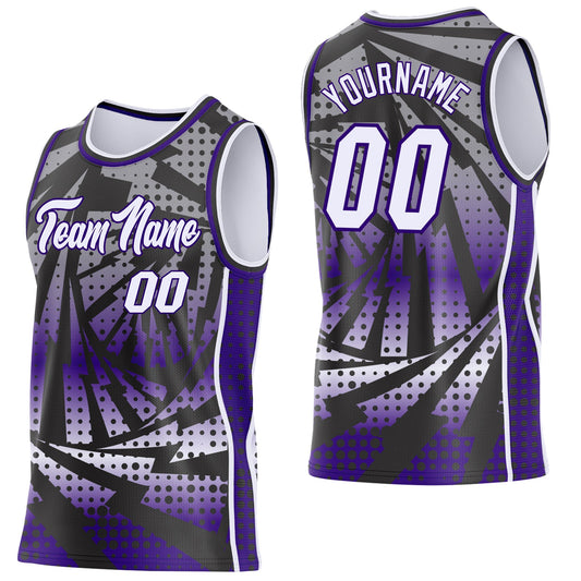 Custom Purple White-Black Lightning Gradient Dot Side Panel Stripe Round Neck Sublimation Basketball Set Jersey - Main View