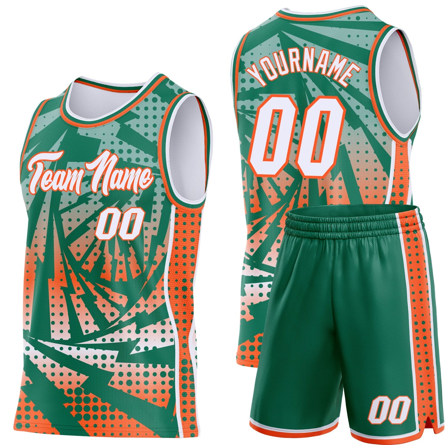 Custom Kelly Green White-Orange Lightning Gradient Dot Side Panel Stripe Round Neck Sublimation Basketball Set Jersey view 2