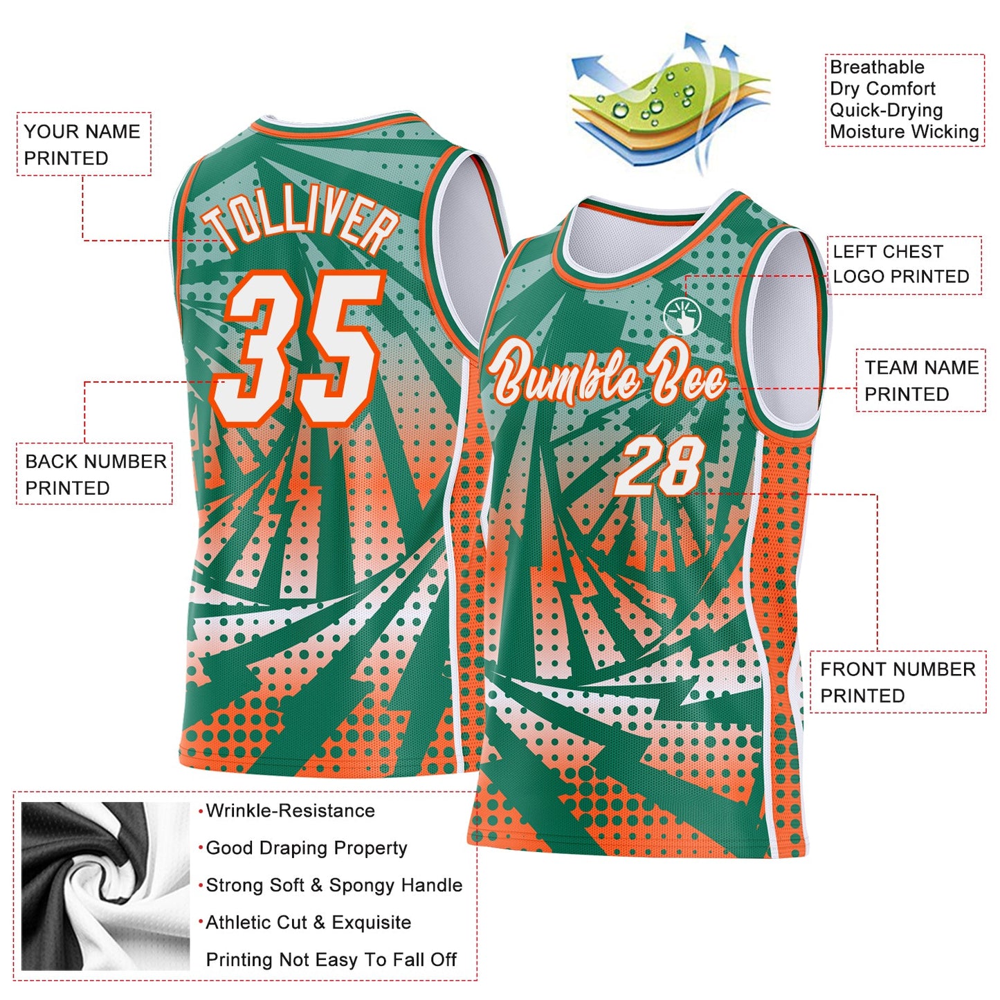 Custom Kelly Green White-Orange Lightning Gradient Dot Side Panel Stripe Round Neck Sublimation Basketball Set Jersey view 3