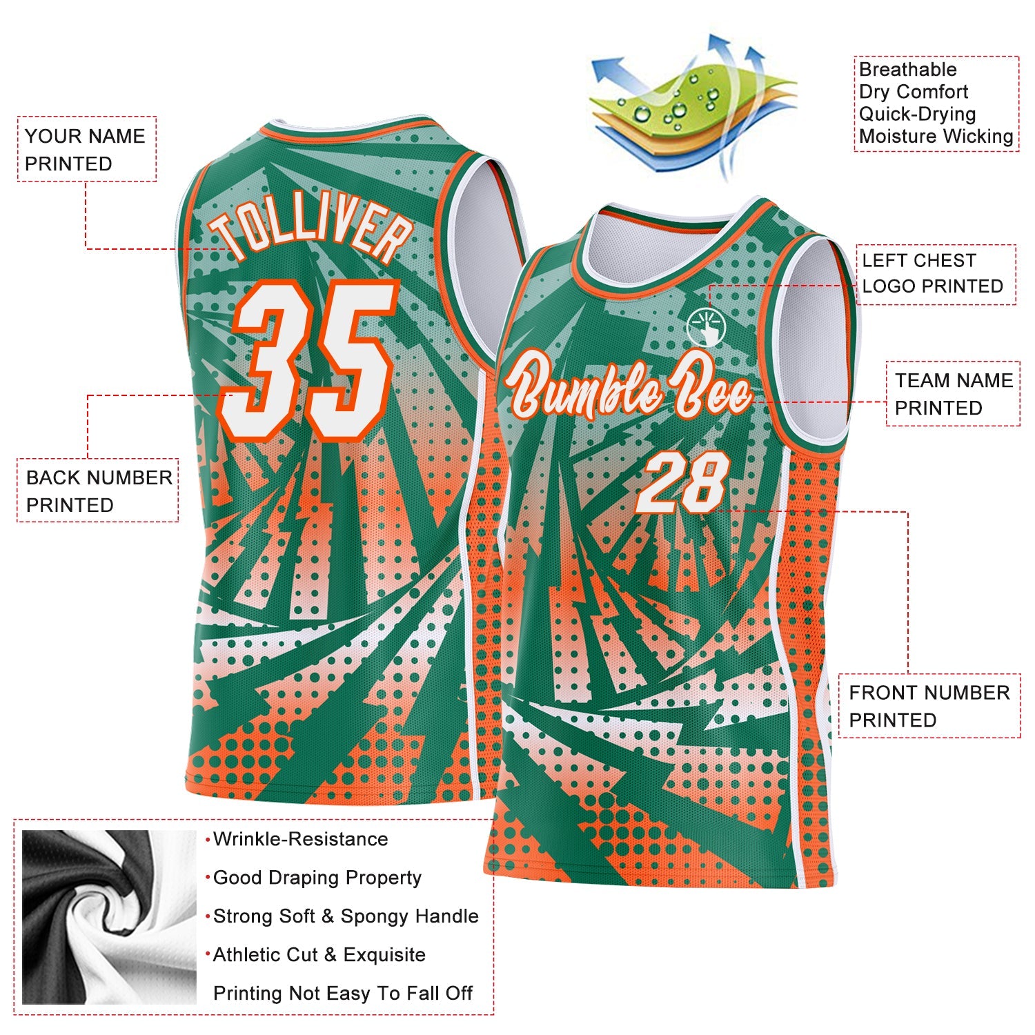 Custom Kelly Green White-Orange Lightning Gradient Dot Side Panel Stripe Round Neck Sublimation Basketball Set Jersey view 3
