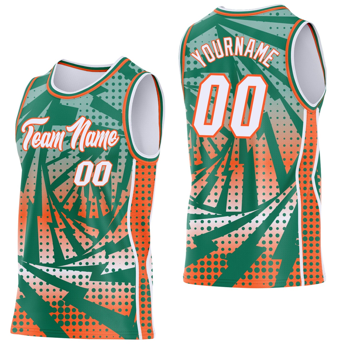 Custom Kelly Green White-Orange Lightning Gradient Dot Side Panel Stripe Round Neck Sublimation Basketball Set Jersey - Main View