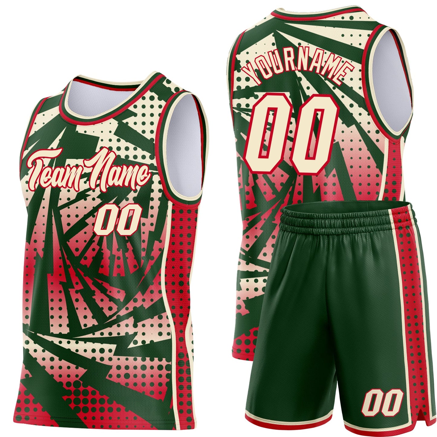 Custom Green Cream-Red Lightning Gradient Dot Side Panel Stripe Round Neck Sublimation Basketball Set Jersey view 2