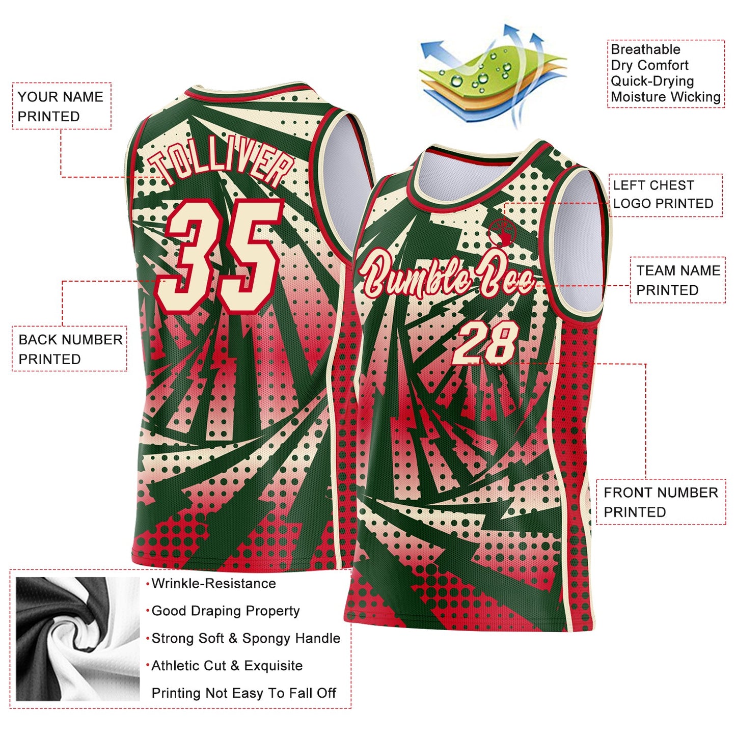 Custom Green Cream-Red Lightning Gradient Dot Side Panel Stripe Round Neck Sublimation Basketball Set Jersey view 3