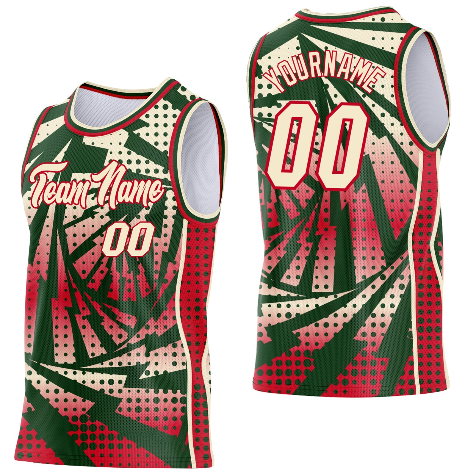 Custom Green Cream-Red Lightning Gradient Dot Side Panel Stripe Round Neck Sublimation Basketball Set Jersey - Main View