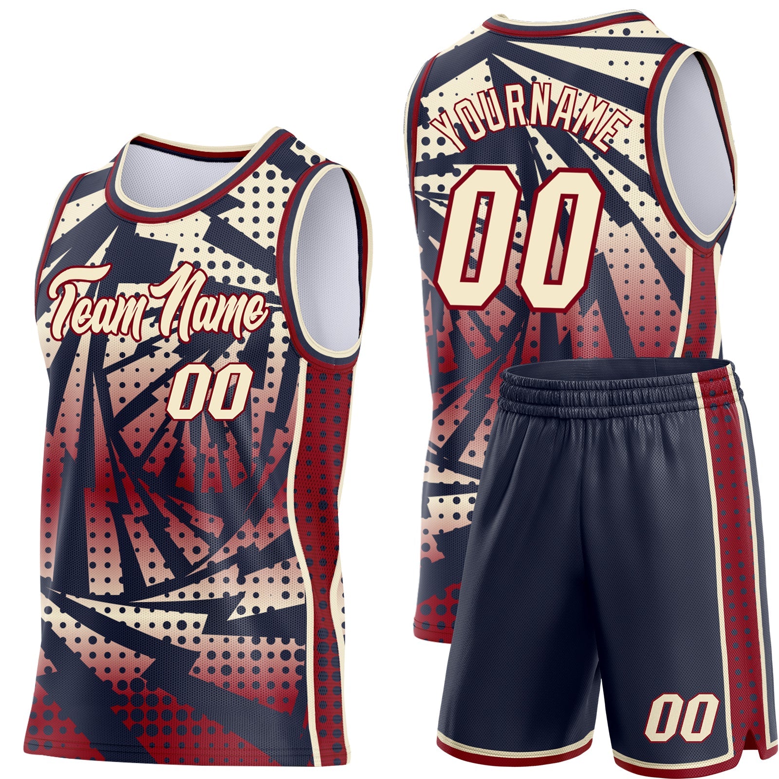 Custom Navy Cream-Maroon Lightning Gradient Dot Side Panel Stripe Round Neck Sublimation Basketball Set Jersey view 2
