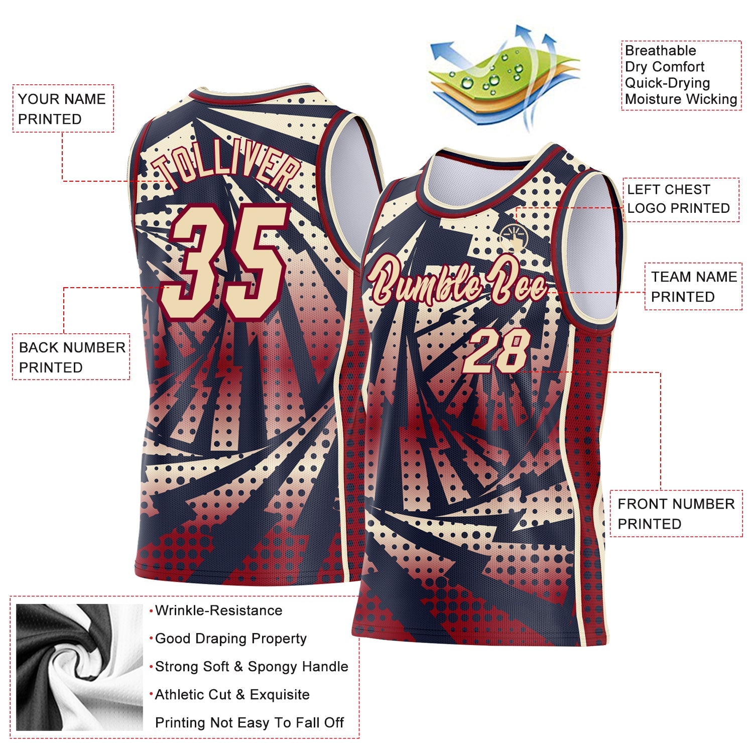 Custom Navy Cream-Maroon Lightning Gradient Dot Side Panel Stripe Round Neck Sublimation Basketball Set Jersey view 3