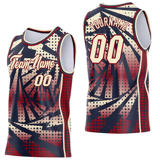 Custom Navy Cream-Maroon Lightning Gradient Dot Side Panel Stripe Round Neck Sublimation Basketball Set Jersey - Main View