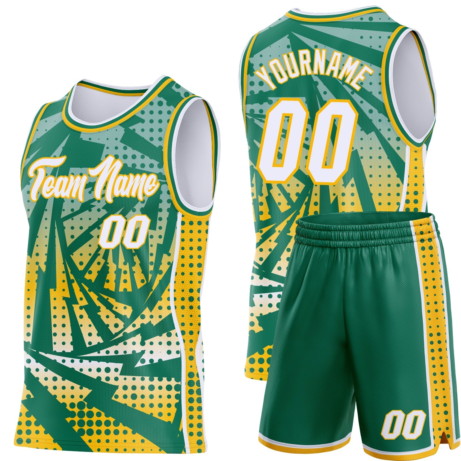 Custom Kelly Green White-Gold Lightning Gradient Dot Side Panel Stripe Round Neck Sublimation Basketball Set Jersey view 2