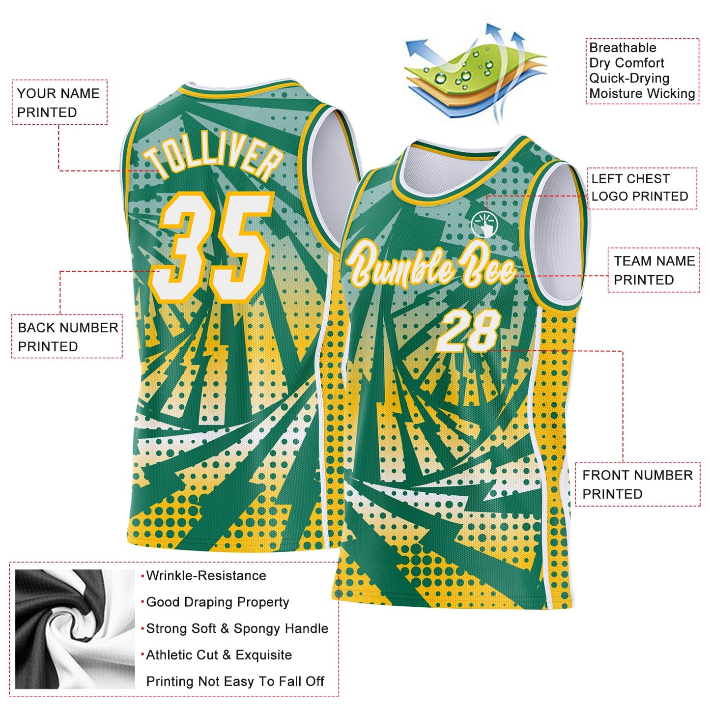 Custom Kelly Green White-Gold Lightning Gradient Dot Side Panel Stripe Round Neck Sublimation Basketball Set Jersey view 3