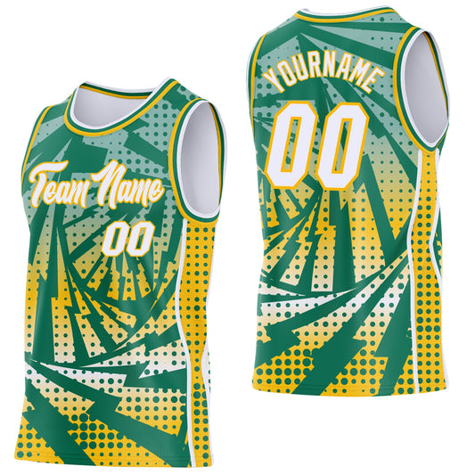 Custom Kelly Green White-Gold Lightning Gradient Dot Side Panel Stripe Round Neck Sublimation Basketball Set Jersey - Main View