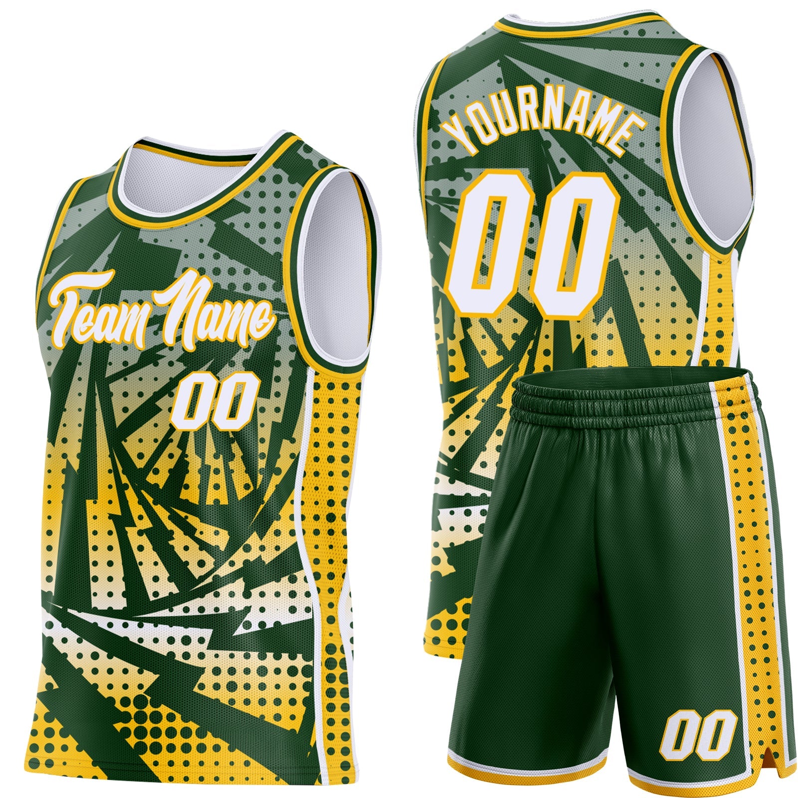 Custom Green White-Gold Lightning Gradient Dot Side Panel Stripe Round Neck Sublimation Basketball Set Jersey view 2