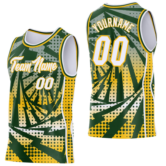 Custom Green White-Gold Lightning Gradient Dot Side Panel Stripe Round Neck Sublimation Basketball Set Jersey - Main View