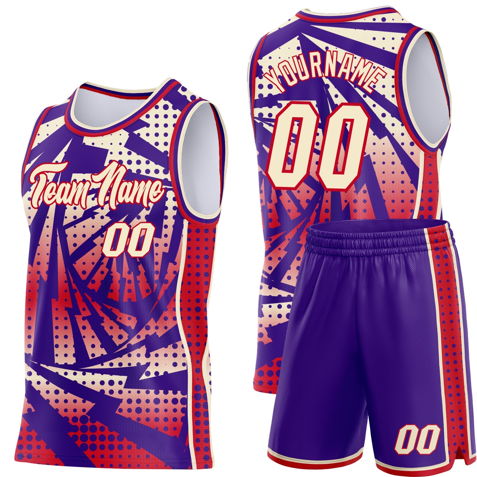 Custom Purple Cream-Red Lightning Gradient Dot Side Panel Stripe Round Neck Sublimation Basketball Set Jersey view 2