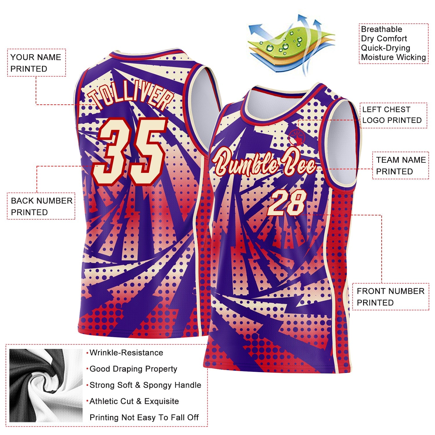 Custom Purple Cream-Red Lightning Gradient Dot Side Panel Stripe Round Neck Sublimation Basketball Set Jersey view 3