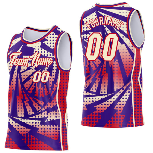 Custom Purple Cream-Red Lightning Gradient Dot Side Panel Stripe Round Neck Sublimation Basketball Set Jersey - Main View