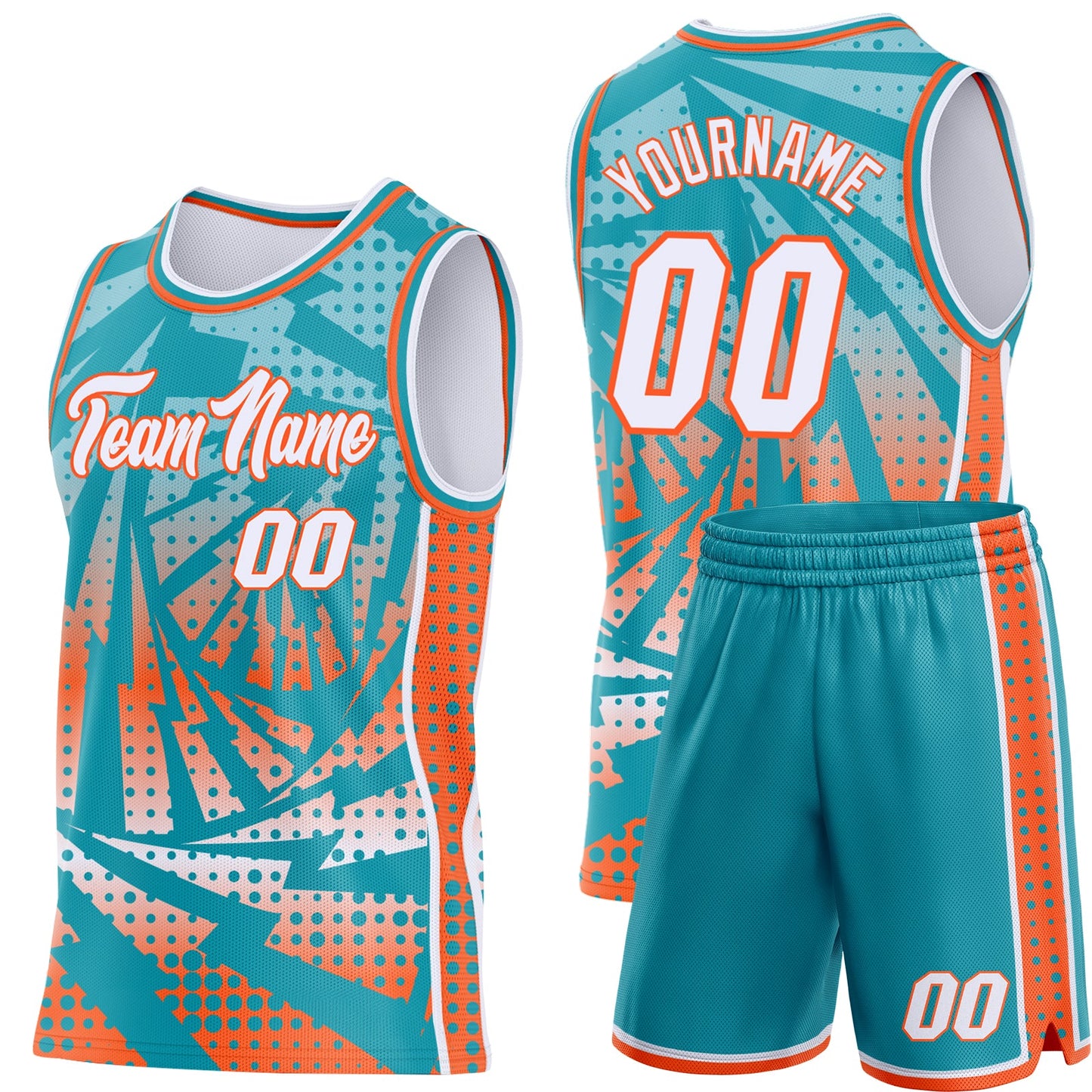 Custom Teal White-Orange Lightning Gradient Dot Side Panel Stripe Round Neck Sublimation Basketball Set Jersey view 2