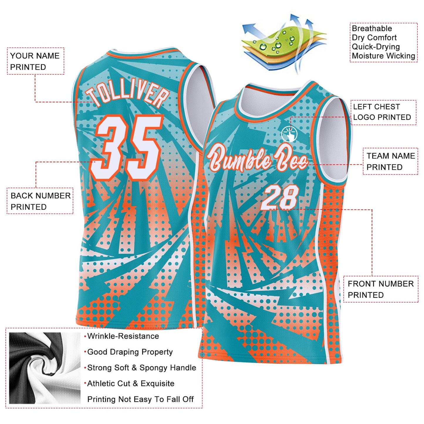 Custom Teal White-Orange Lightning Gradient Dot Side Panel Stripe Round Neck Sublimation Basketball Set Jersey view 3