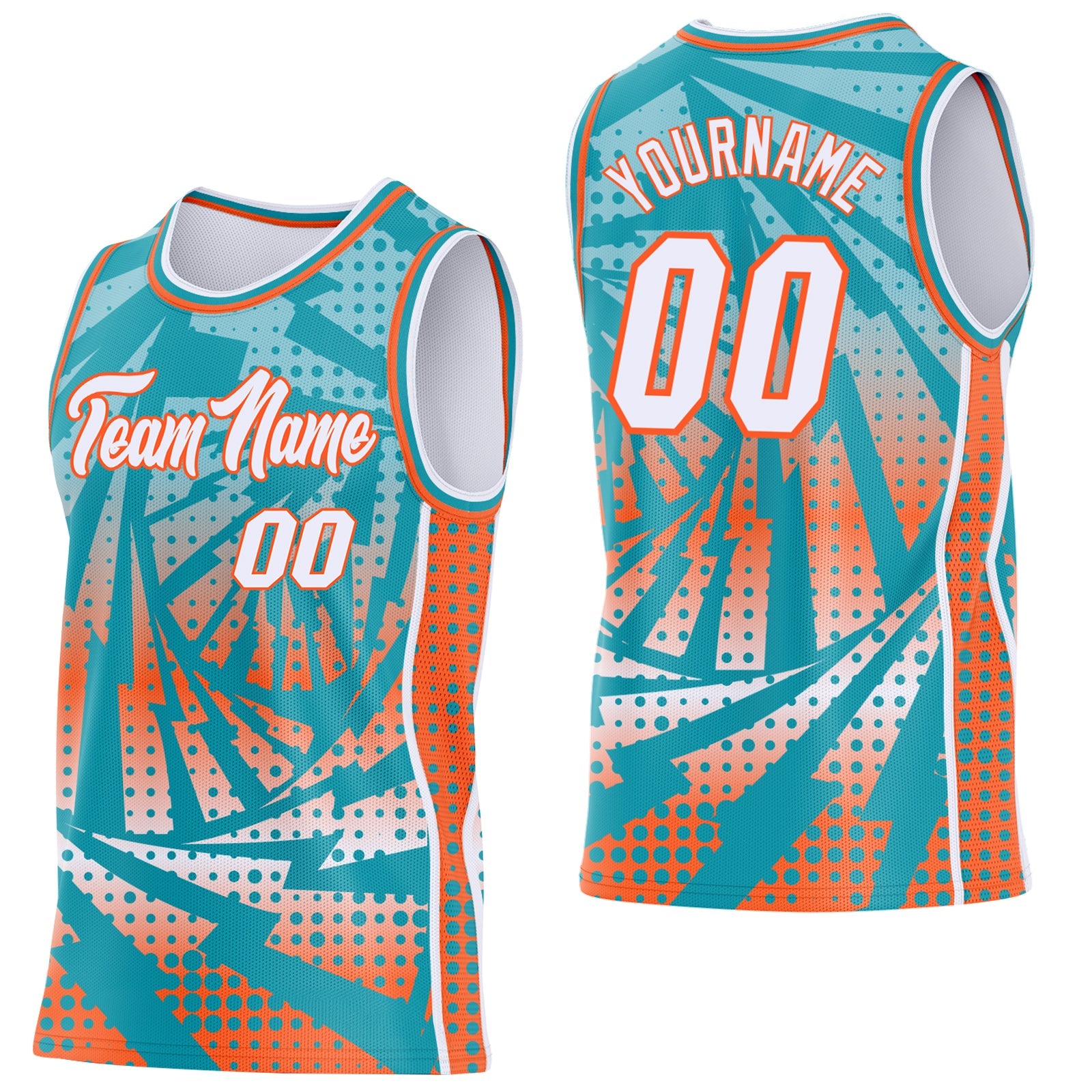 Custom Teal White-Orange Lightning Gradient Dot Side Panel Stripe Round Neck Sublimation Basketball Set Jersey - Main View