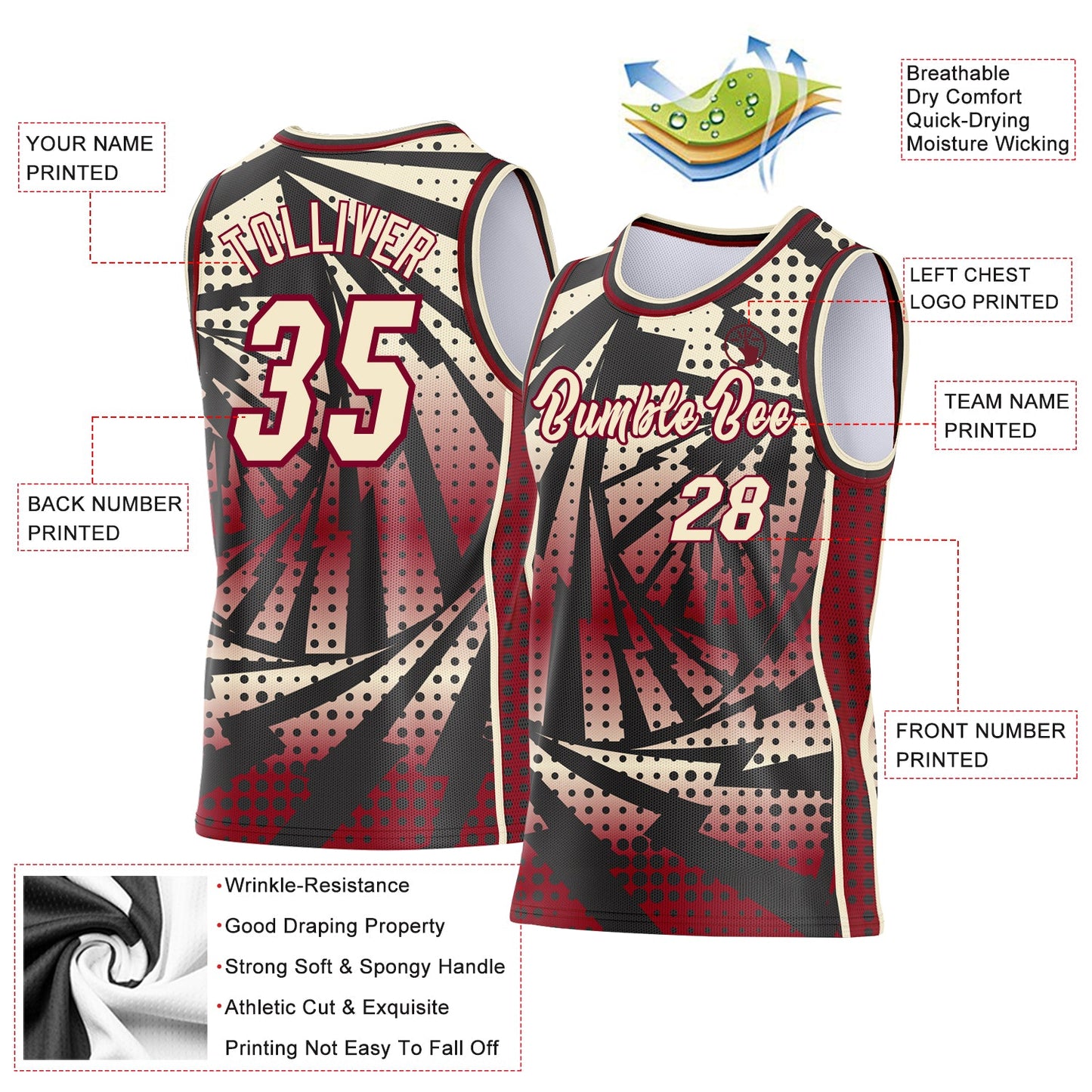 Custom Maroon Cream-Black Lightning Gradient Dot Side Panel Stripe Round Neck Sublimation Basketball Set Jersey view 3