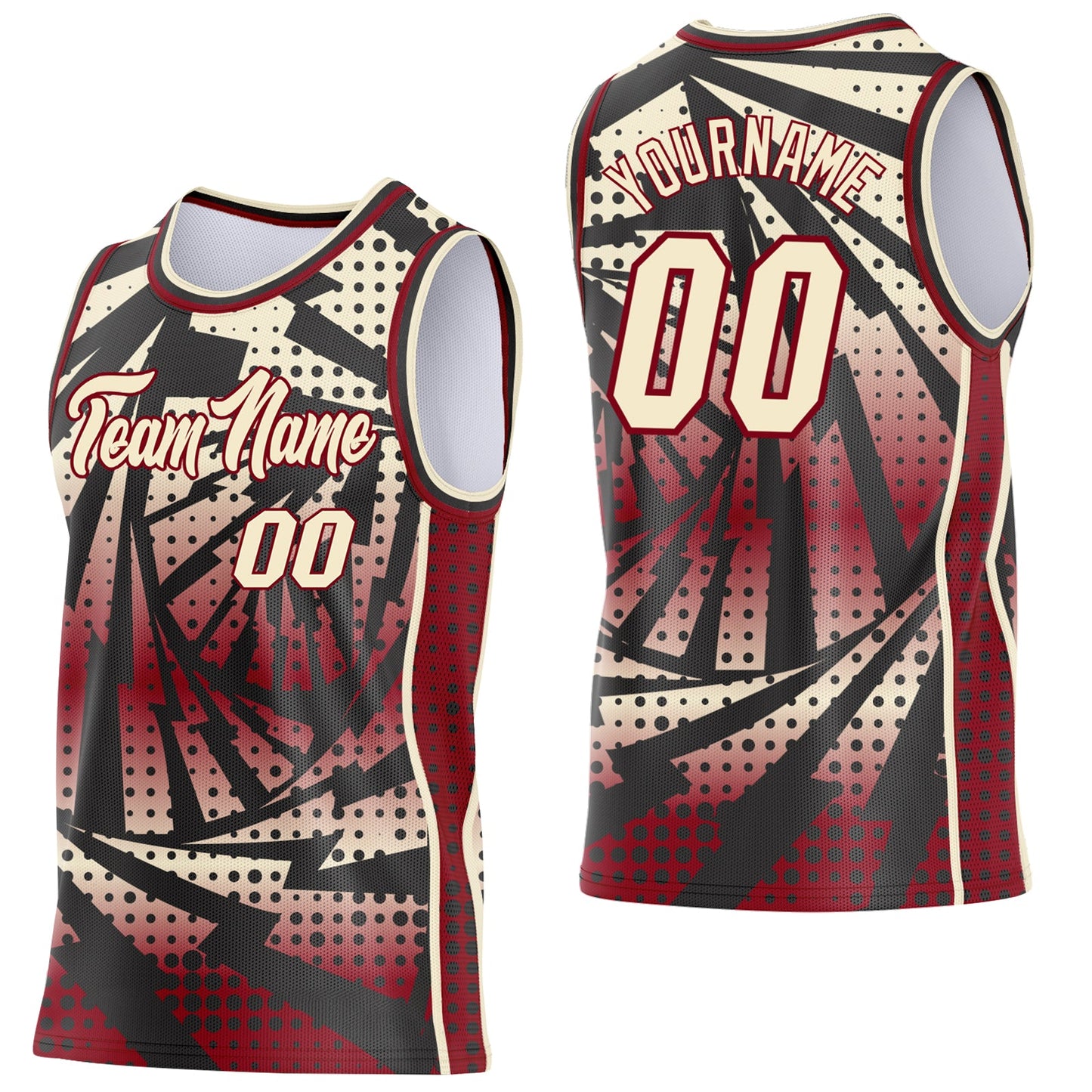 Custom Maroon Cream-Black Lightning Gradient Dot Side Panel Stripe Round Neck Sublimation Basketball Set Jersey - Main View