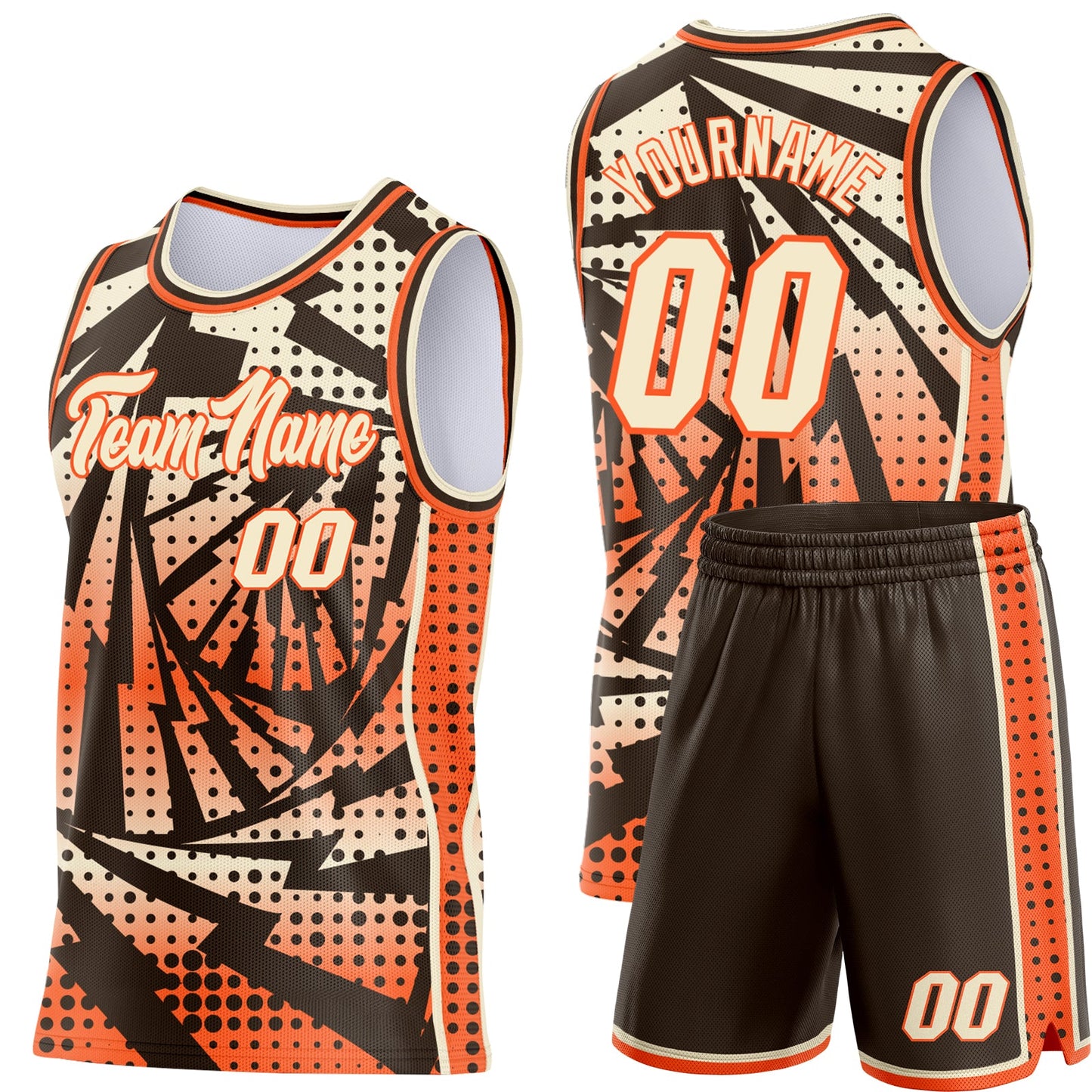 Custom Orange Cream-Brown Lightning Gradient Dot Side Panel Stripe Round Neck Sublimation Basketball Set Jersey view 2